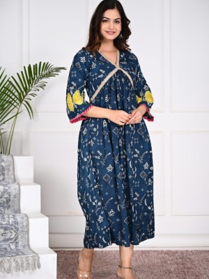 Indigo Blue Trendy Alia Cut Kurti Designer Women Gown Tunic Printed Dress