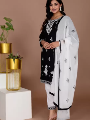 Black Melodious Embroidered Chikankari Straight Kurti Pant Dupatta Readymade Shalwar Kameez Suit