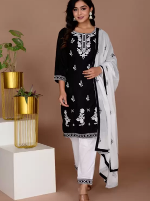 Black Melodious Embroidered Chikankari Straight Kurti Pant Dupatta Readymade Shalwar Kameez Suit