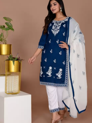 Blue Melodious Embroidered Chikankari Straight Kurti Pant Dupatta Readymade Shalwar Kameez Suit