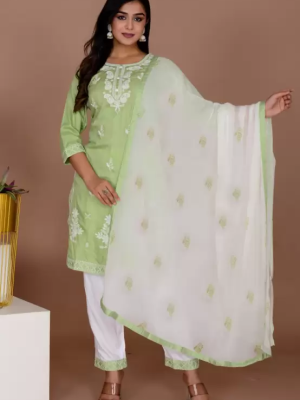 Green Melodious Embroidered Chikankari Straight Kurti Pant Dupatta Readymade Shalwar Kameez Suit