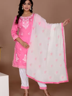 Pink Melodious Embroidered Chikankari Straight Kurti Pant Dupatta Readymade Shalwar Kameez Suit