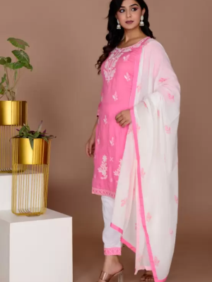 Pink Melodious Embroidered Chikankari Straight Kurti Pant Dupatta Readymade Shalwar Kameez Suit