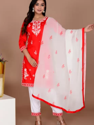 Red Melodious Embroidered Chikankari Straight Kurti Pant Dupatta Readymade Shalwar Kameez Suit