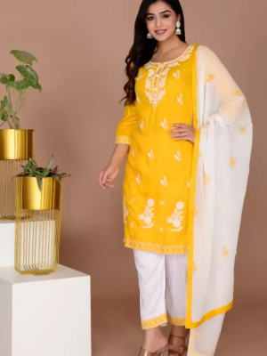 Yellow Melodious Embroidered Chikankari Straight Kurti Pant Dupatta Readymade Shalwar Kameez Suit