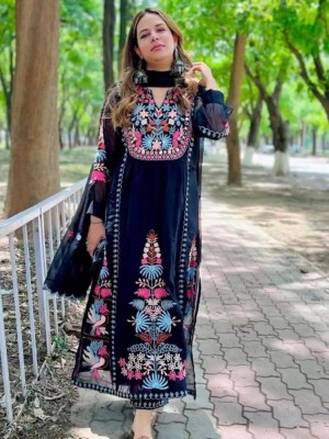 Black Georgette Straight Festival Wear Shalwar Kameez Suit with Mirror Sequence and Embroidery Hand Work
