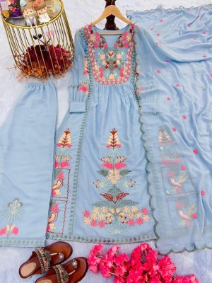 Sky Blue Georgette Straight Festival Wear Shalwar Kameez Suit with Mirror Sequence and Embroidery Hand Work
