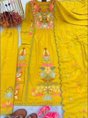 Yellow Georgette Straight Festival Wear Shalwar Kameez Suit with Mirror Sequence and Embroidery Hand Work