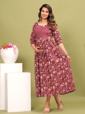 Wine Color Printed Soft Cotton Maternity Gown for Women Baby Feeding Anarkali Kurti with Discreet Zip