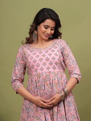 Floral Print Soft Cotton Maternity Gown for Baby Feeding Anarkali Kurti with Discreet Zip