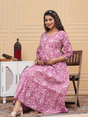 Floral Print Soft Cotton Maternity Gown for Baby Feeding Anarkali Kurti with Hidden Zip
