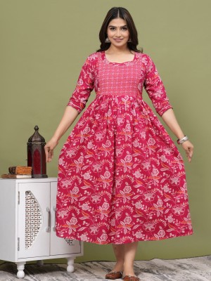 Red Floral Print Soft Cotton Maternity Gown for Baby Feeding Anarkali Kurti with Hidden Zip
