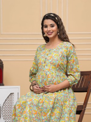 Floral Print Soft Cotton Maternity Gown for Baby Feeding Anarkali Kurti with Hidden Feeding Zip