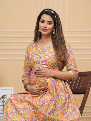 Multicolor Print Soft Cotton Maternity Gown for Baby Feeding Anarkali Kurti with Hidden Feeding Zip