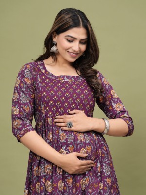 Purple Floral Print Soft Cotton Maternity Gown for Baby Feeding Anarkali Kurti with Hidden Feeding Zip Kurti