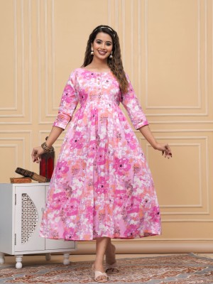 Baby Pink Floral Print Soft Cotton Maternity Gown for Baby Feeding Anarkali Kurti with Hidden Feeding Zip Kurti