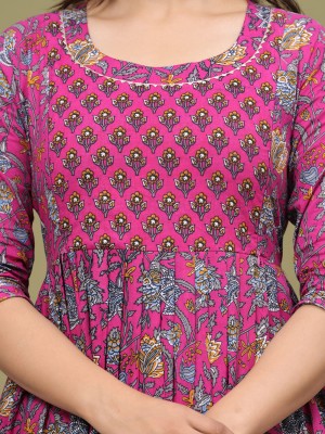 Pink Floral Print Soft Cotton Maternity Gown for Baby Feeding Anarkali Kurti with Hidden Feeding Zip Kurti