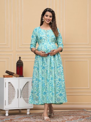 Blue Floral Print Soft Cotton Maternity Gown for Baby Feeding Anarkali Kurti with Hidden Feeding Zip
