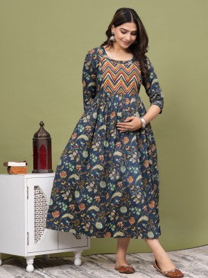 Blue Floral Print Soft Cotton Maternity Gown for Baby Feeding Anarkali Kurti with Hidden Feeding Zip