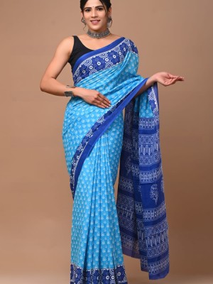 Blue Indian Floral Block Print Mulmul Cotton Saree