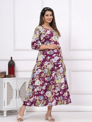 Floral Wine Color Soft Cotton Maternity Baby Feeding Gown Anarkali Kurti with Hidden Feeding Zip
