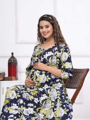 Floral Dark Blue Color Soft Cotton Maternity Baby Feeding Gown Anarkali Kurti with Hidden Feeding Zip
