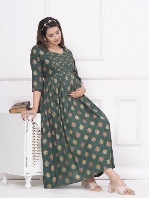 Dark Green Floral Cotton Maternity Baby Feeding Gown Anarkali Kurti with Hidden Feeding Zip