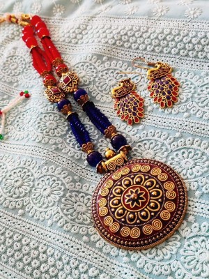 Round Shild Indian Long Pendant Meenakari Necklace Earrings Set Golden Oxidized Fashion Jewelry