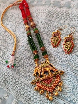 Elephant Indian Long Pendant Handmade Necklace Earrings Set Golden Oxidized Fashion Jewelry