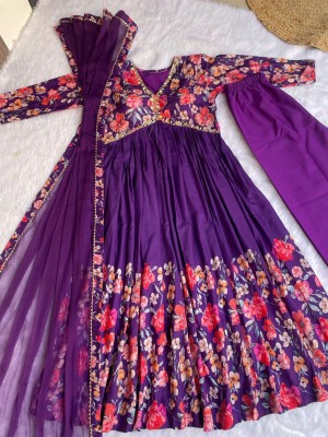 Purple Alia Cut Chiffon Designer Anarkali Kurti Gown Dupatta Set Printed Tunic Dress