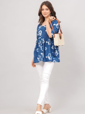Indigo Angrakha Style Blue Short V Neck Kurta Tunic Top for Women Short Frock Style Kurti