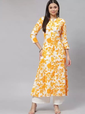 Yellow Floral Print Front Slit Long Straight Kurti Casual Top Tunic