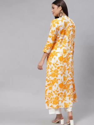 Yellow Floral Print Front Slit Long Straight Kurti Casual Top Tunic