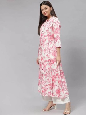 Pink Floral Print Front Slit Long Straight Kurti Casual Top Tunic