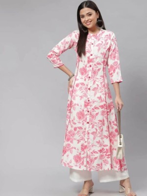 Pink Floral Print Front Slit Long Straight Kurti Casual Top Tunic