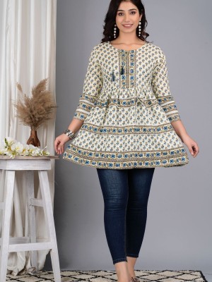 Beige Printed Frock Style Short Kurti Tunic Top for Women