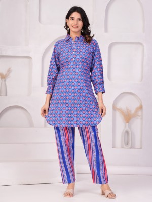Blue Ajrakh Print Punjabi Style Collared Indian Salwar Kameez Kurti Pant Set