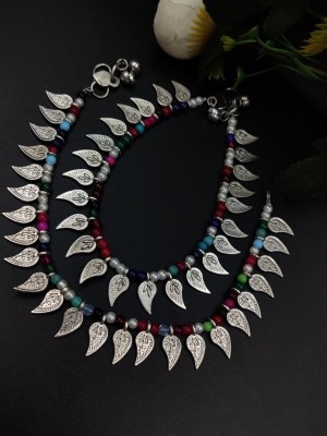 Multicolor Leaf Adjustable Anklet for Women Indian Oxidized Payal Foot Chain Silver Plated