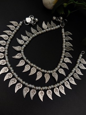 White Leaf Adjustable Anklet for Women Indian Oxidized Payal Foot Chain Silver Plated