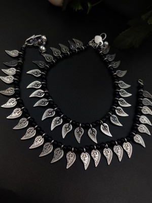 Black Leaf Adjustable Anklet for Women Indian Oxidized Payal Foot Chain Silver Plated