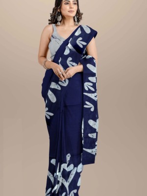 Navy Blue Hand Block Printed Mulmul Cotton Saree for Women