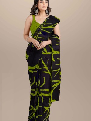 Black Hand Block Printed Mulmul Cotton Saree for Women