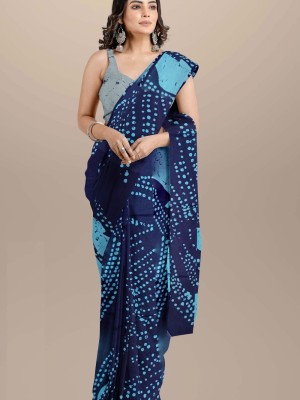 Indigo Blue Hand Block Printed Mulmul Cotton Saree with Blouse Piece for Women