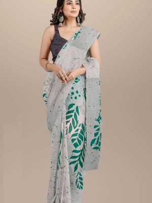 Light Grey Hand Block Printed Mulmul Cotton Saree with Blouse Piece for Women