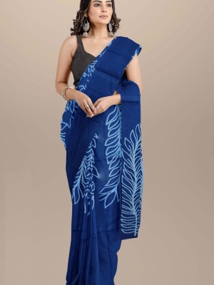 Indigo Blue Hand Block Printed Mulmul Cotton Saree with Blouse Piece for Women