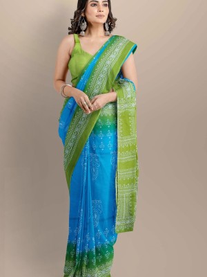 Blue Green Hand Block Printed Mulmul Cotton Saree with Blouse Piece for Women