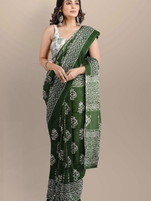 Green Hand Block Bagru Print Mulmul Cotton Saree with Blouse Piece for Women