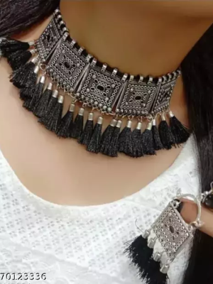 Black Tassel Necklace Earring Combo Set Ethnic Oxidized Silver Choker