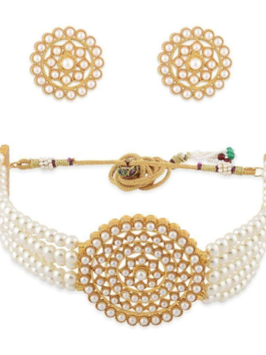 Golden Choker Necklace Earring Set Ethnic White Beaded Necklace for Women