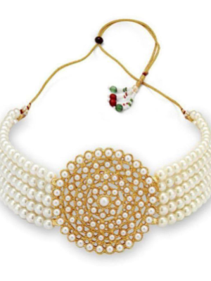 Golden Choker Necklace Earring Set Ethnic White Beaded Necklace for Women